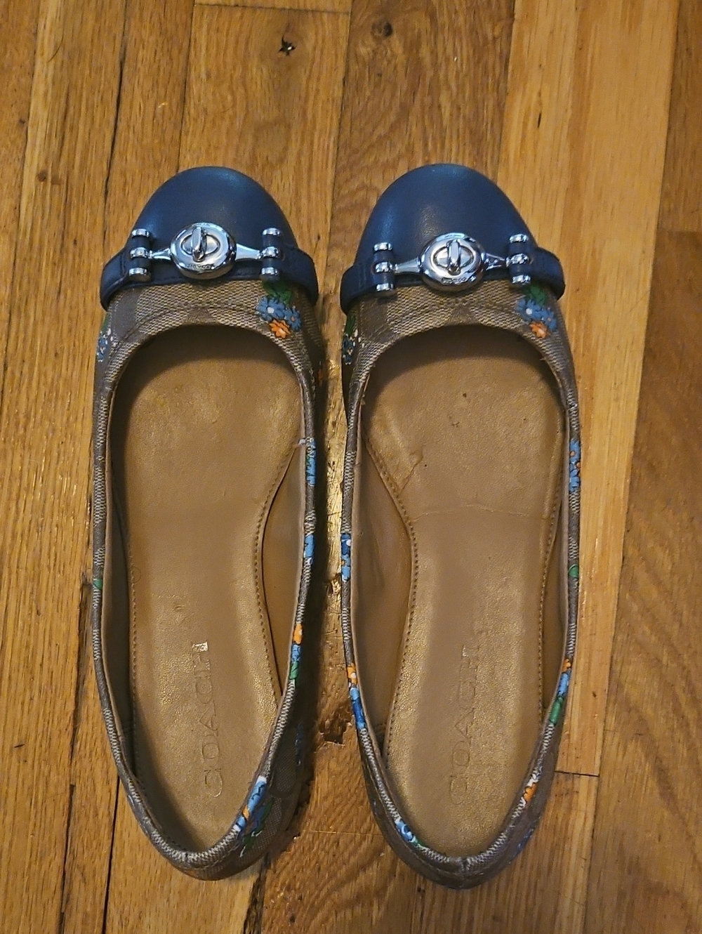 Coach Women's Navy and Brown Floral Ballet Flats 5.5